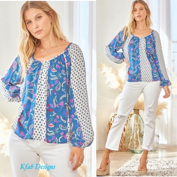 ❤️LAST 1! V Neck Ballon Sleeves Pattern Mix Back Tie Flowy Blouse! - Picture 6 of 8